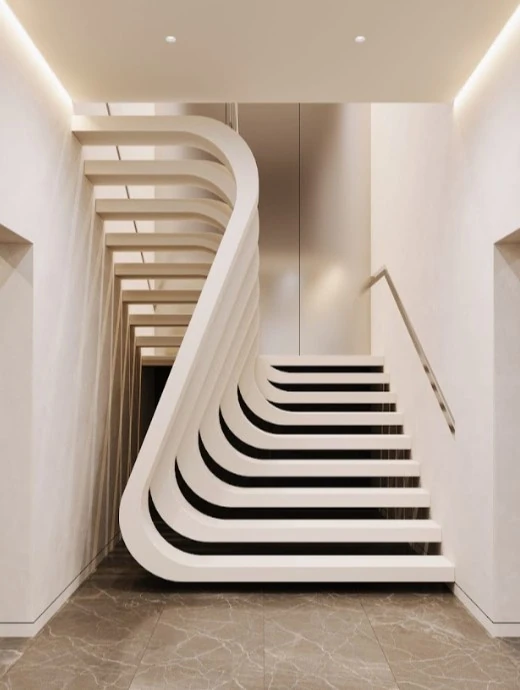 Weiße, geschwungene Betontreppe mit offenen Stufen und fließender Form in einem modernen, minimalistischen Flur Weiße, geschwungene Betontreppe mit offenen Stufen und fließender Form in einem modernen, minimalistischen Flur
