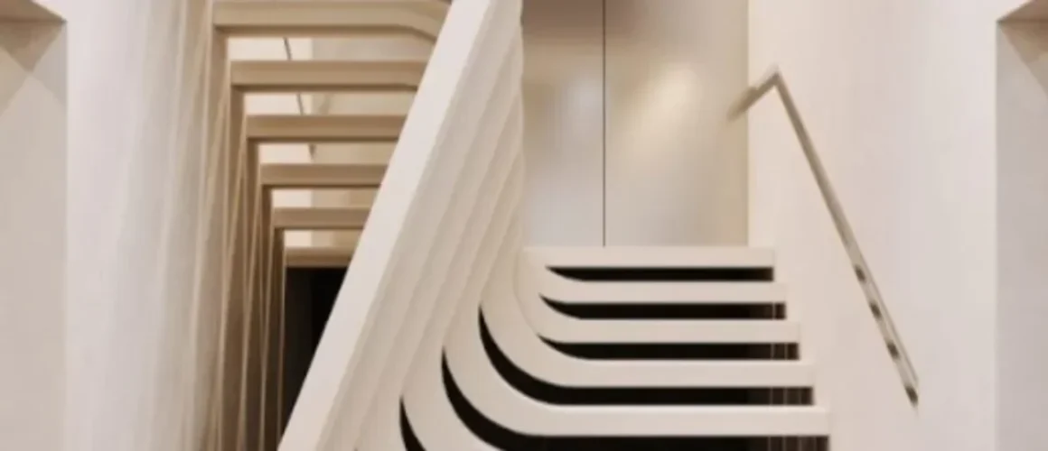 Moderne, skulpturale Betontreppe mit organischer Form in einem minimalistischen Innenraum