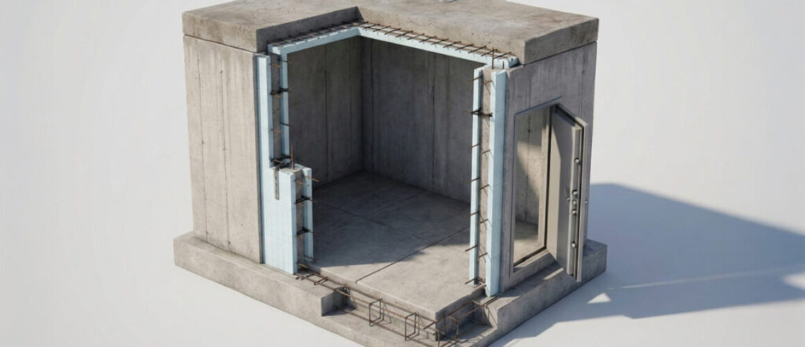 3D-Darstellung eines Stahlbeton-Panikraums im Querschnitt mit massiven Wänden, Bewehrung, Fundamentplatte und einbruchhemmender Stahltür.