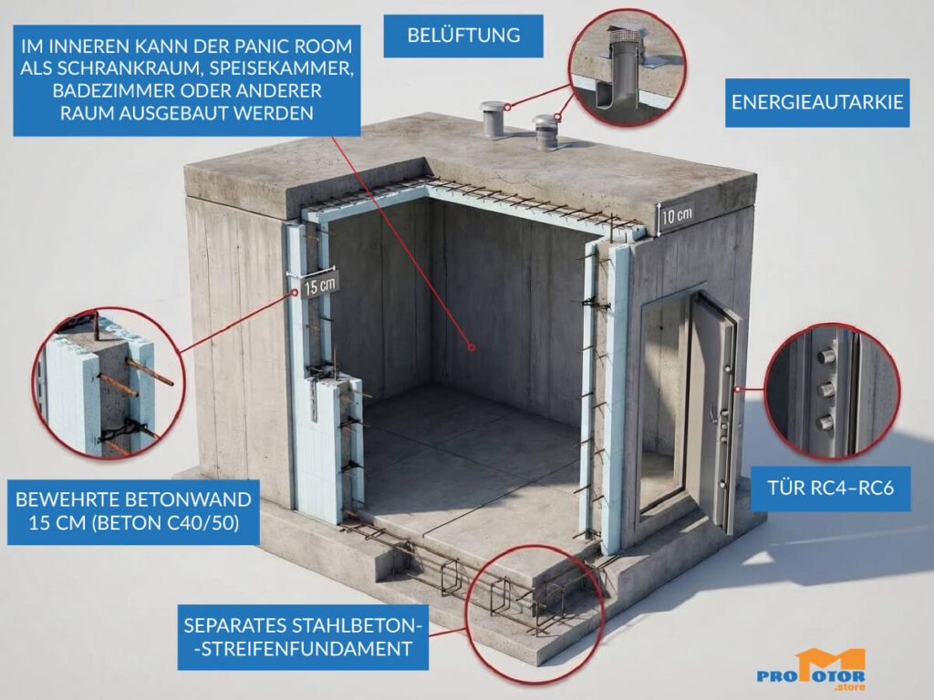 Technischer Querschnitt eines Stahlbeton-Panic-Rooms – 15 cm starke Wände aus Beton C40/50, separates Stahlbeton-Streifenfundament, einbruchhemmende Tür RC4–RC6, Belüftung und Energieautarkie.