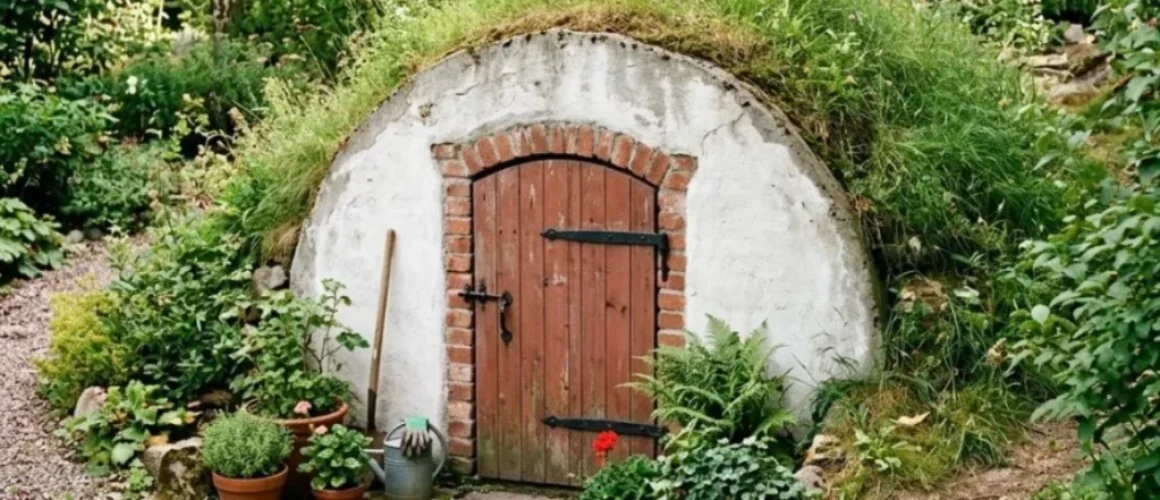 Versteckter Eingang zum Schutzraum im Garten gebaut mit Beton B50, grüne Pflanzen