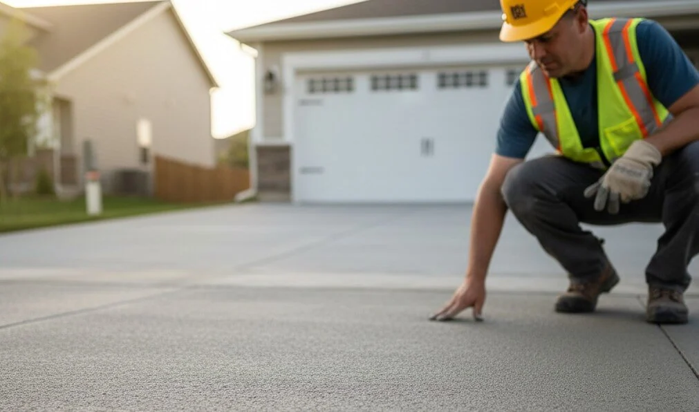 Kontrolle einer Einfahrt zu einer Garage und fasst den Betonboden an, Beton B50 oder B30 kaufen