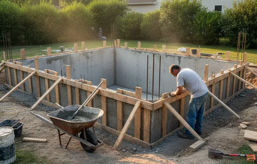 Beton B50 oder B30 im Vergleich beim Bau eines massiven Gartenpools aus Schalbeton, stabile Betonwände in Holzschalung mit sichtbarer Bewehrung auf einer Baustelle im privaten Garten